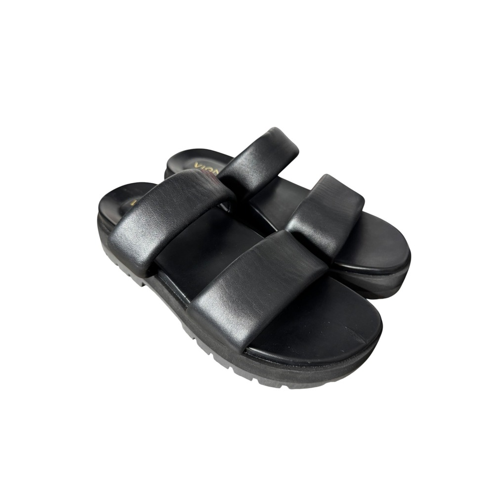 Vionic Modesto‎ Black Leather Platform Sandals Two Strap Slide Lug Sole Chunky 8